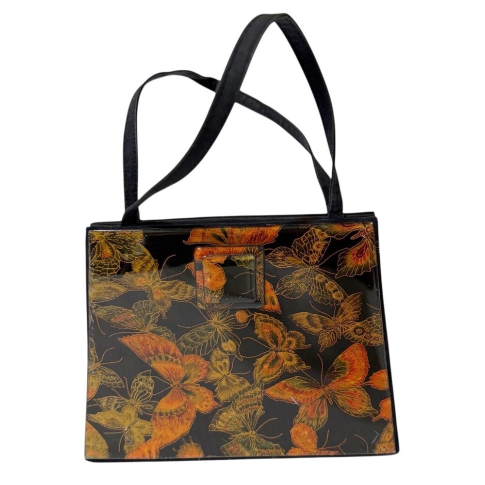 Vtg Angela Frascone Black Hand Bag w Red Gold Butterflies Print Crossbody Strap